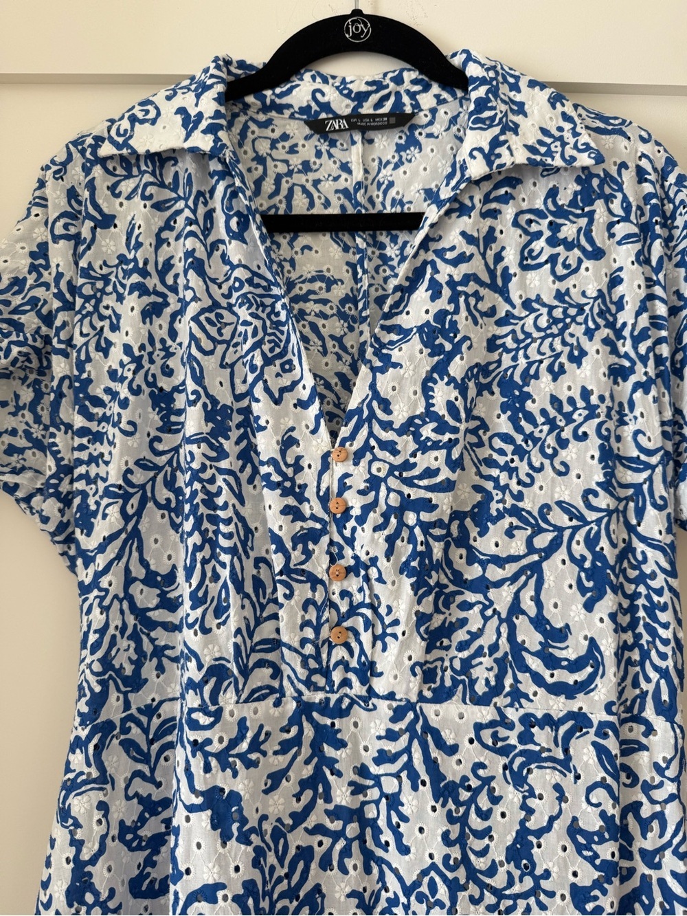 Zara Blue & White Floral Eyelet Midi Dress Sz L - Picture 3 of 4